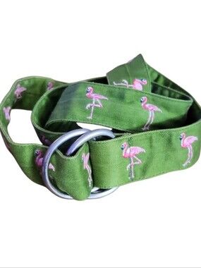 J.Crew Green & Pink Embroidered Flamingo Ribbon D Ring Belt Size S/M